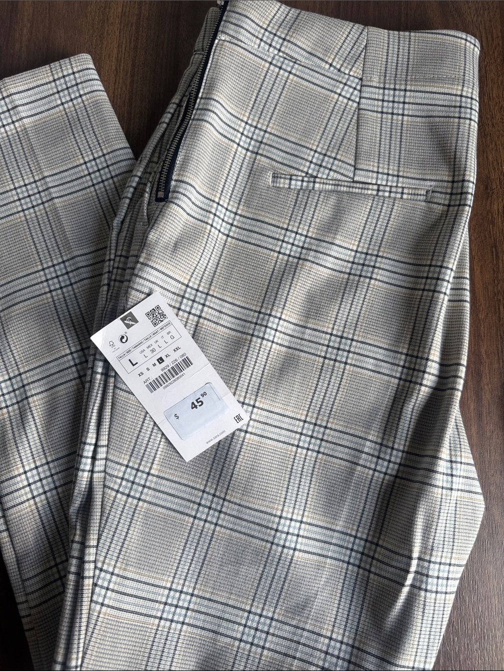 Zara women’s Plaid Pants in Light Gray/Beige and Navy Windowpane